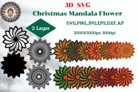 3D SVG Christmas Mandala Flower for Paper Flowers